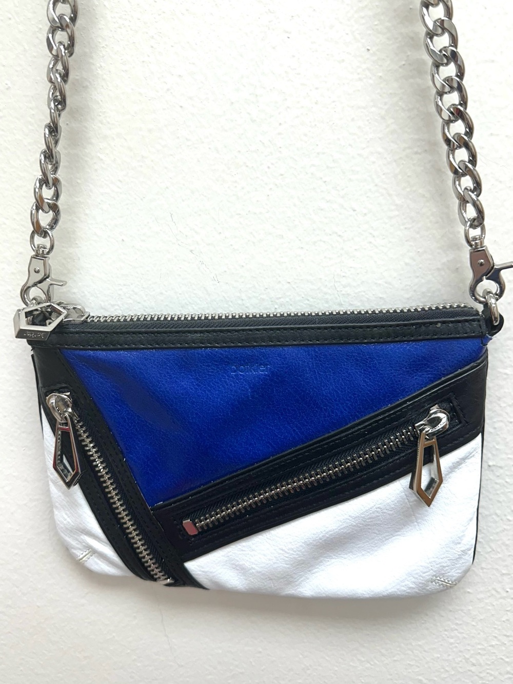 Like New Botkier Blue, Black and White Leather Crossbody Bag with Chain Strap